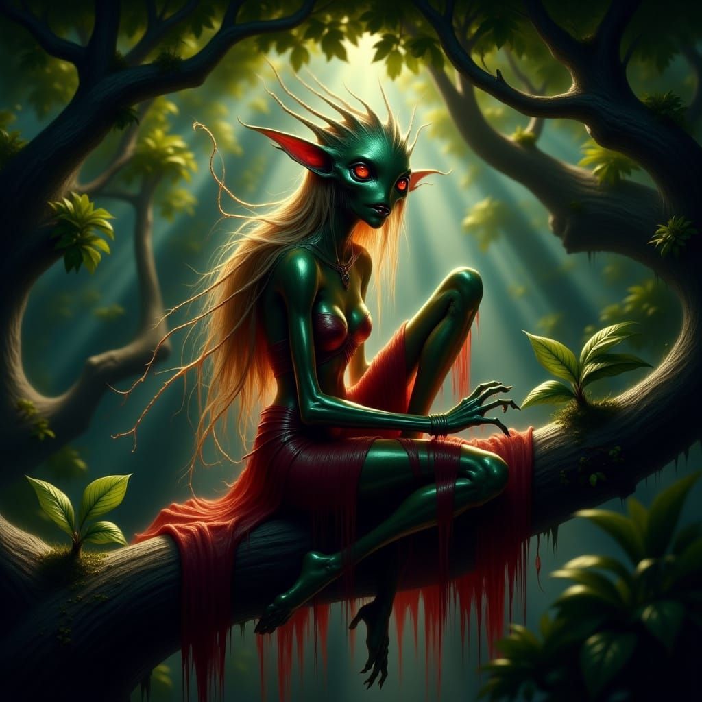 Savage Slender Elf in Shimmering Silhouette, Surrounded by D...