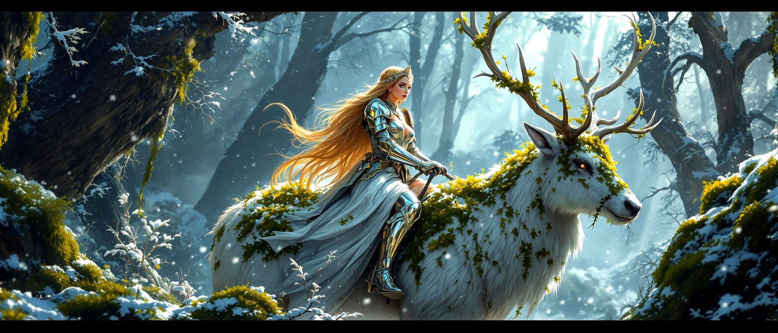 Elegant Fantasy Princess and Knight Ride a Majestic Deer thr...