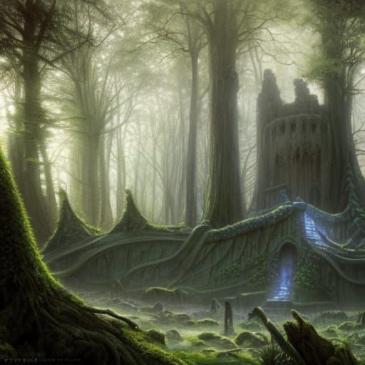 Mystical Elven Fortress Ruins in Misty Forest