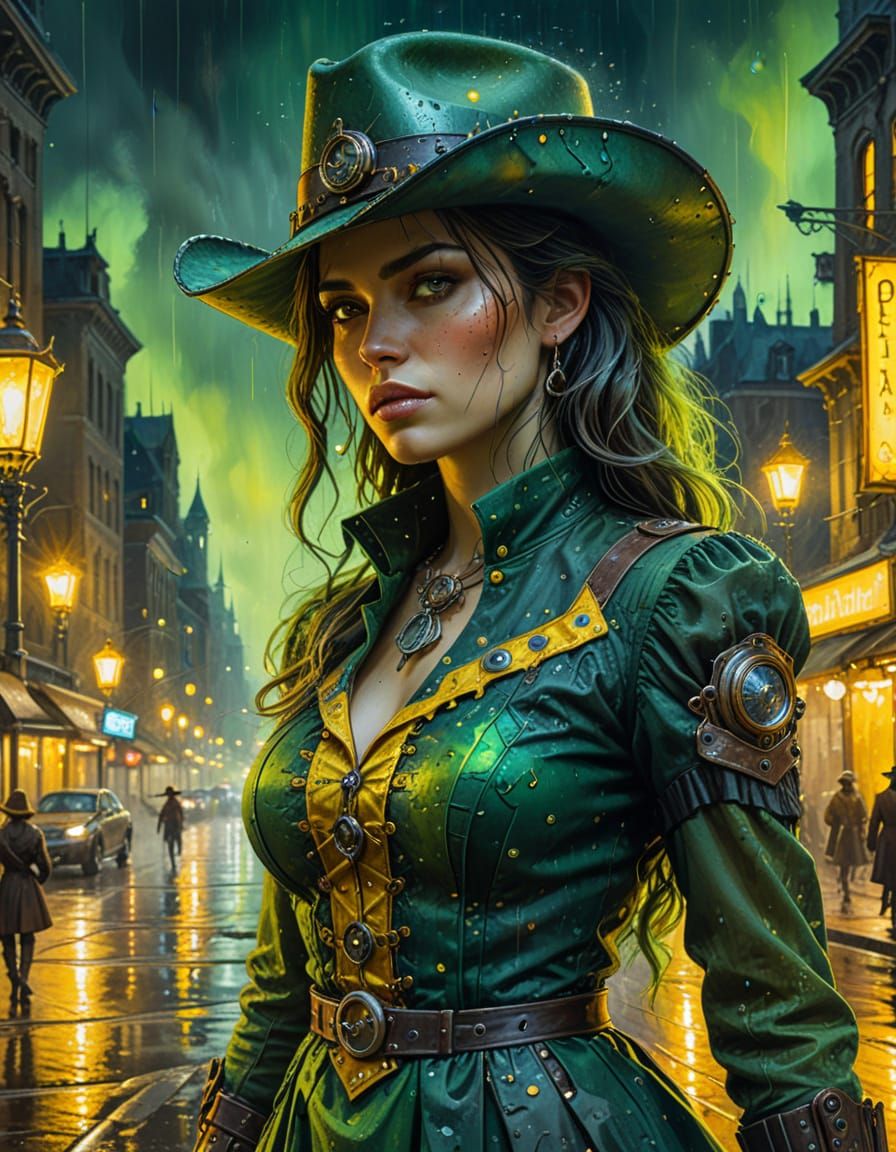 Steampunk Cowgirl in Night City Oil Painting