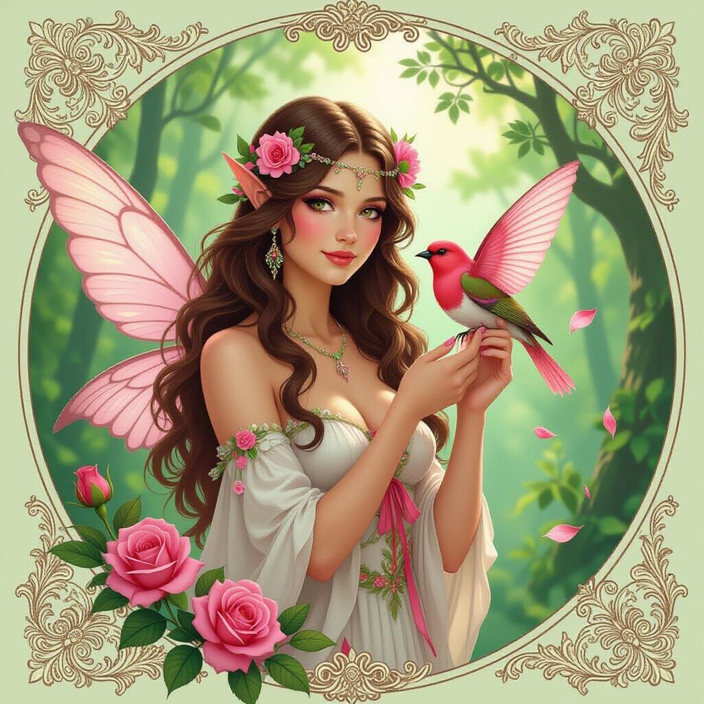 Fantasy Nymph with Bird and Roses, Impressionistic Style