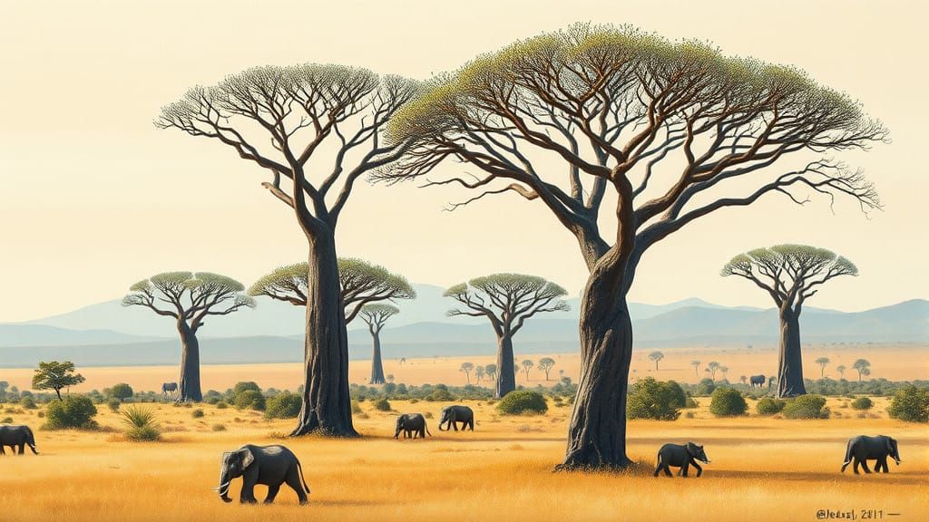 Impressive African Landscape with Boabab Trees in Maximalist...