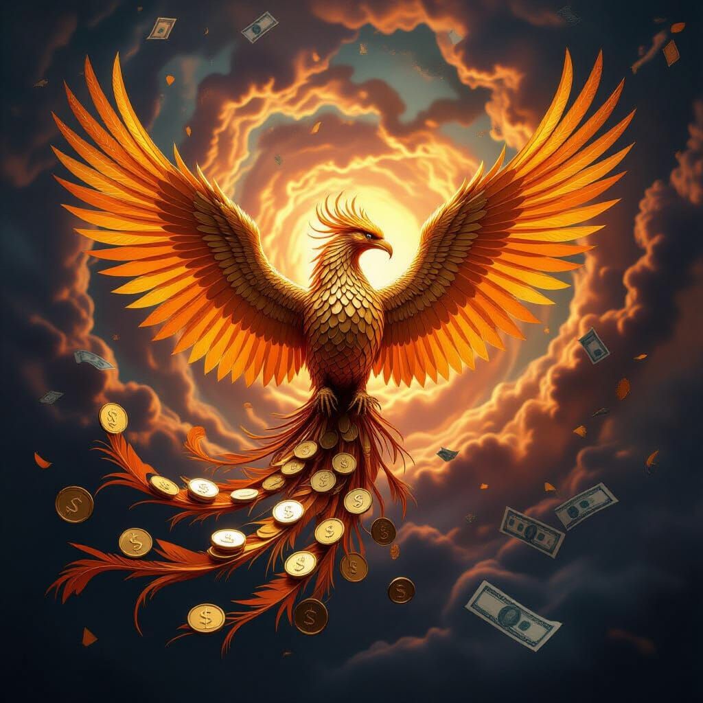 Golden Phoenix Rises from Shredded Banknotes in Nebula