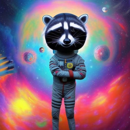 Raccoon Astronaut in Psychedelic Cosmic Dreamscape