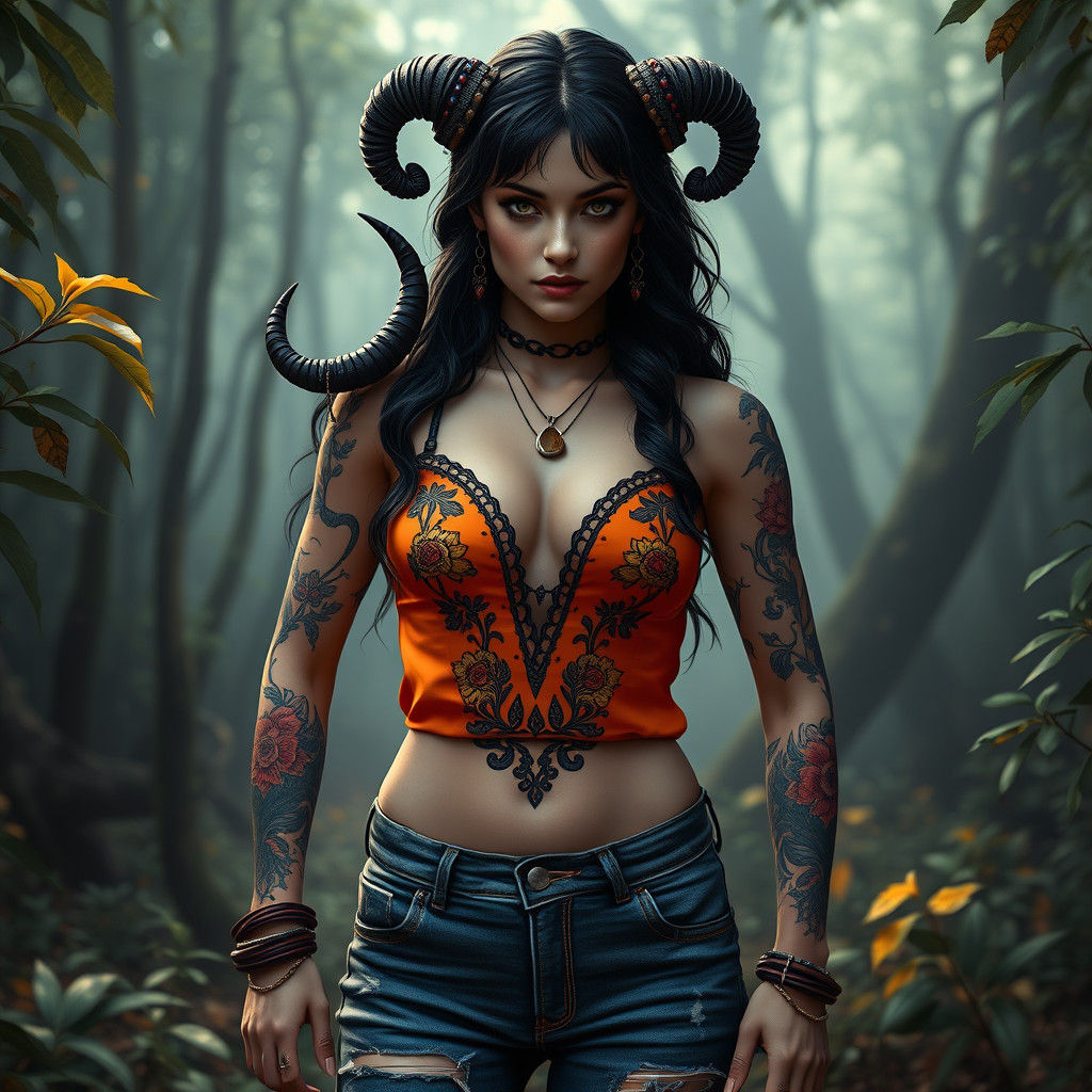 Confident Woman with Floral Body Art in Dark Fantasy Style