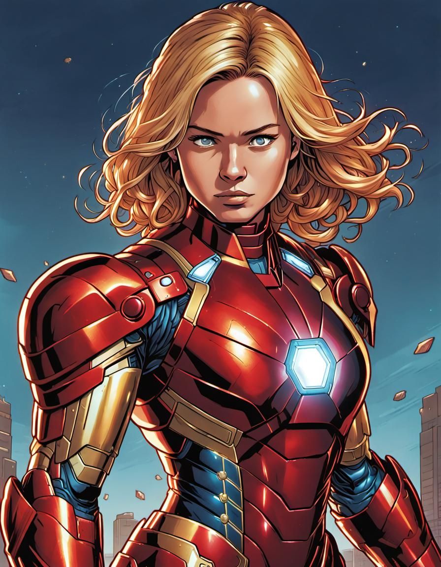 Captain Marvel in Iron Man Armor: Comic Book Art