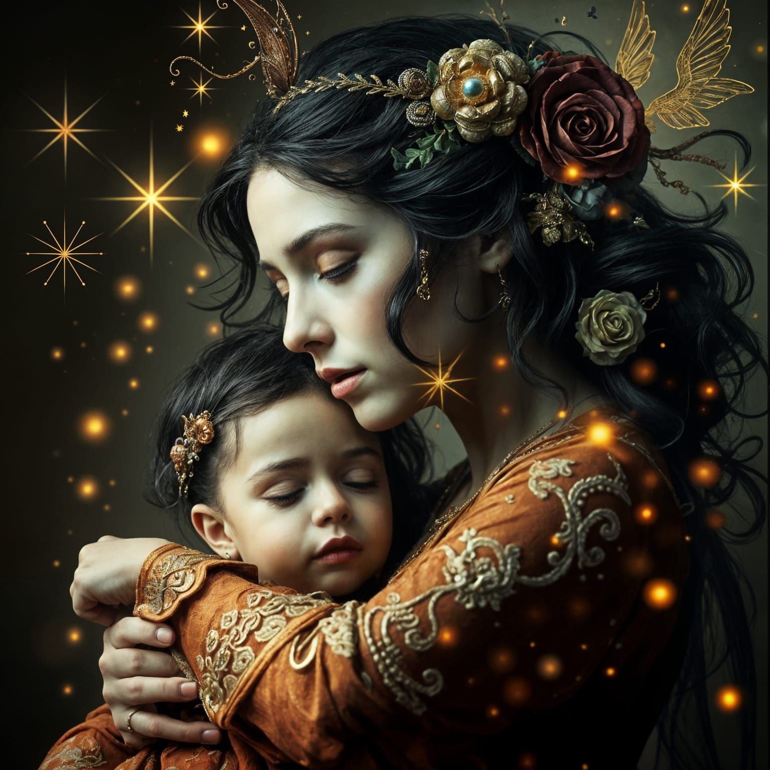 Surreal Double Exposure: Mother and Child in Ornate Style