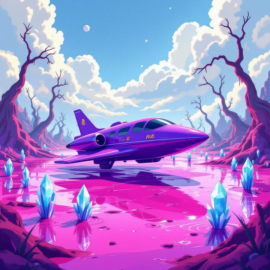 Purple Spaceship Lands on Alien Swamp Planet