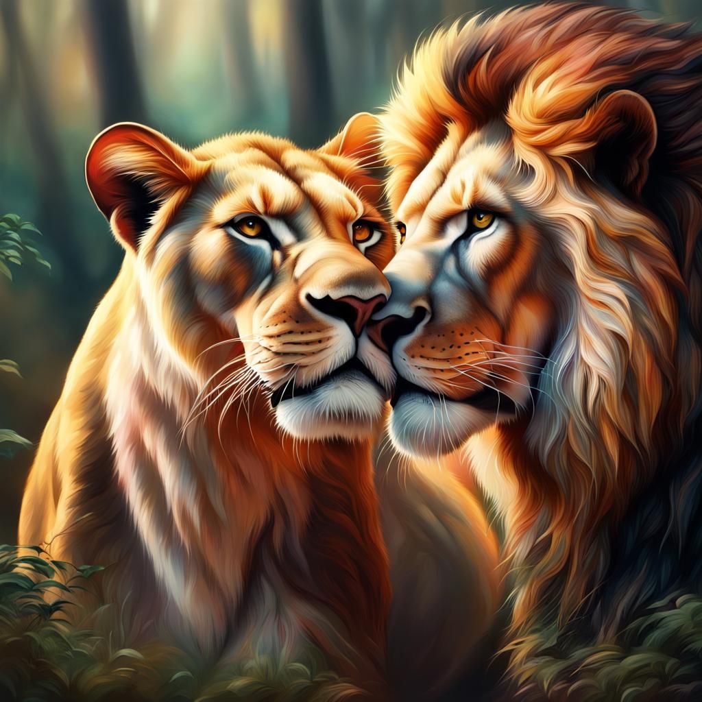 Loving Lions in Forest: Hyperrealistic Splash Art