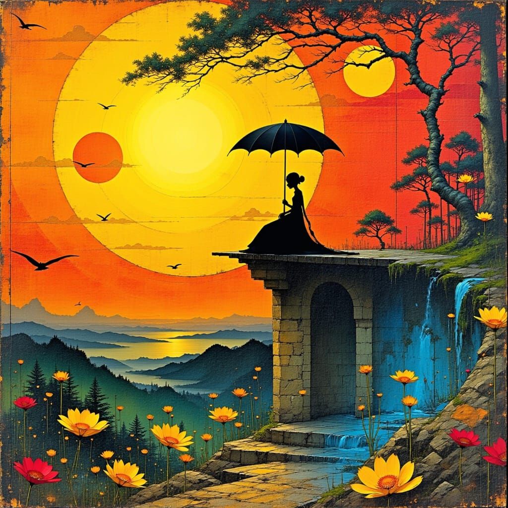 Ethereal Klimt-Inspired Woman Basks in Sunset's Warm Glow