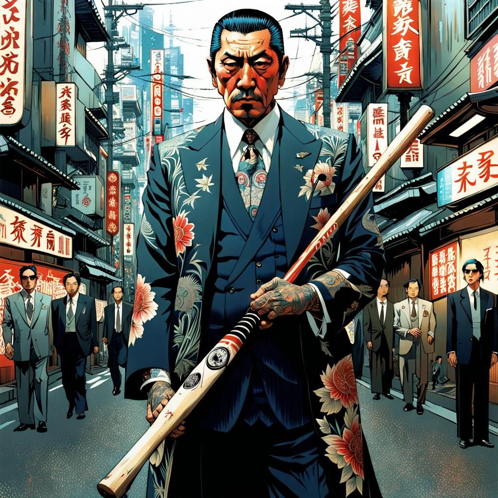 Tattooed Yakuza Boss in Futuristic Tokyo Street