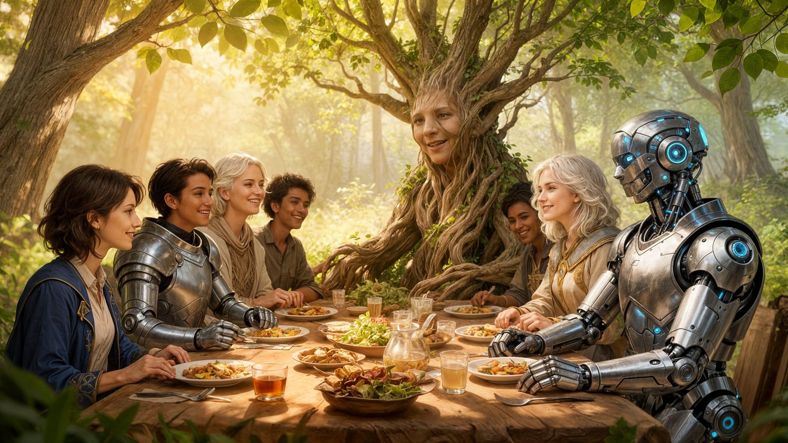 Diverse Group Shares Meal in Peaceful Forest Clearing