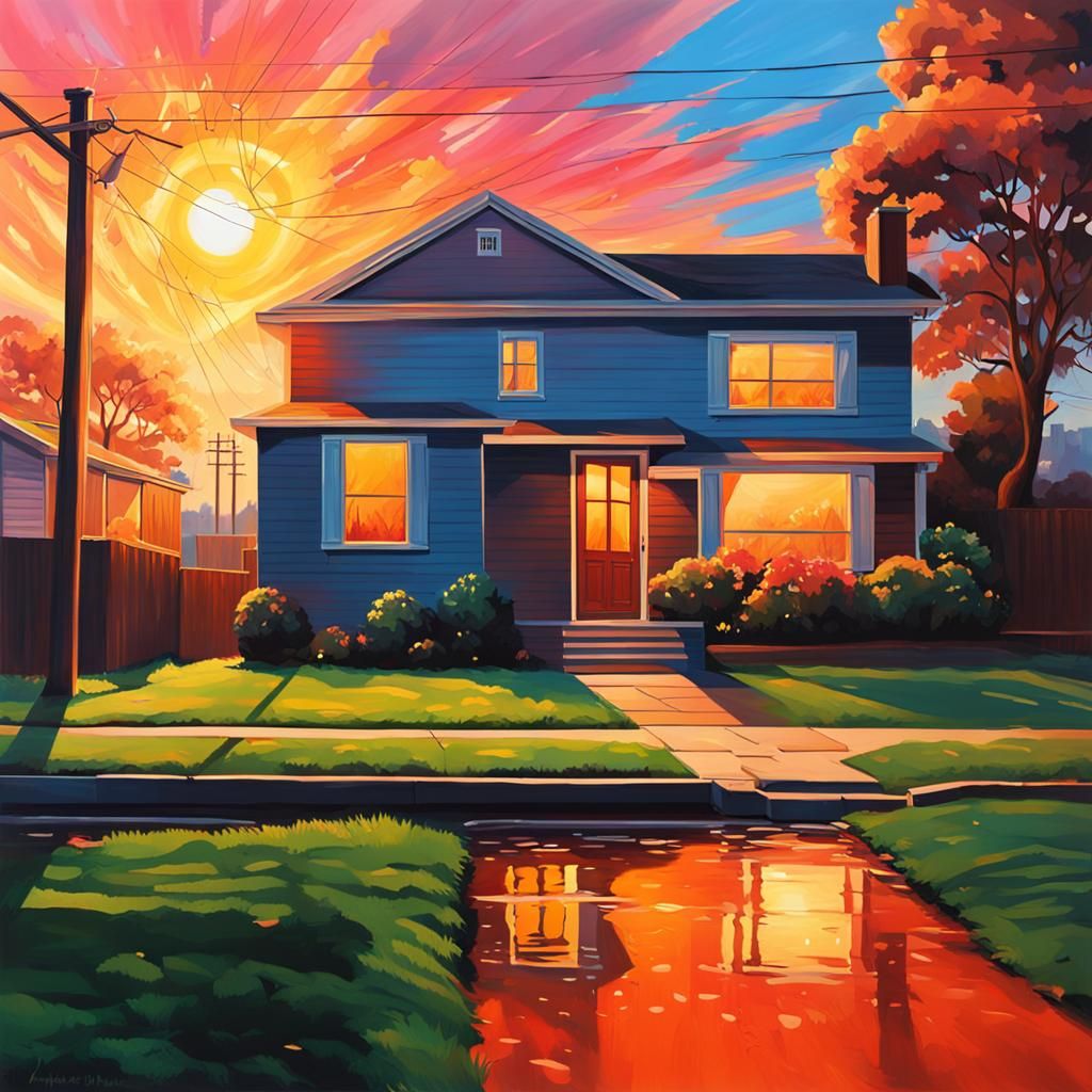 Yard Sunset in Purism Style: Hyperrealistic Painting