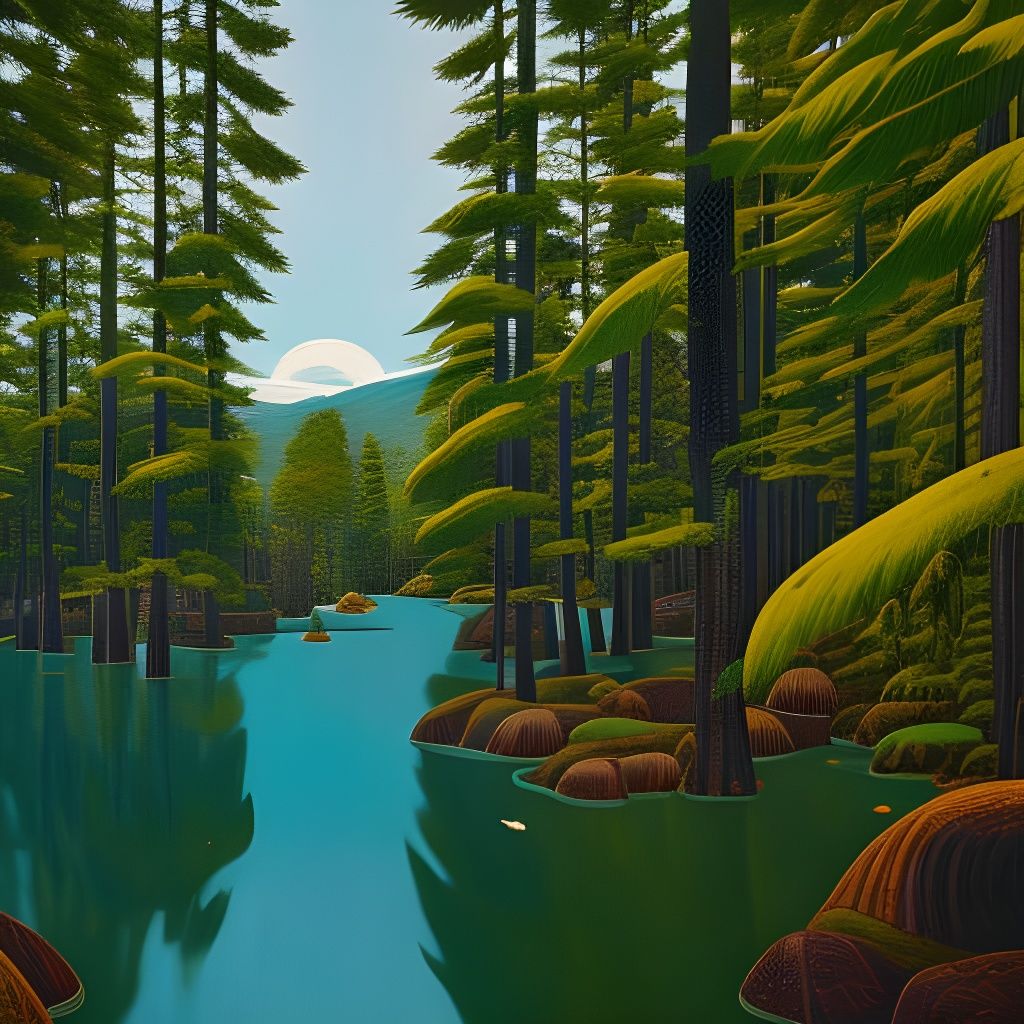 Surreal River Through Pines in Escher Style