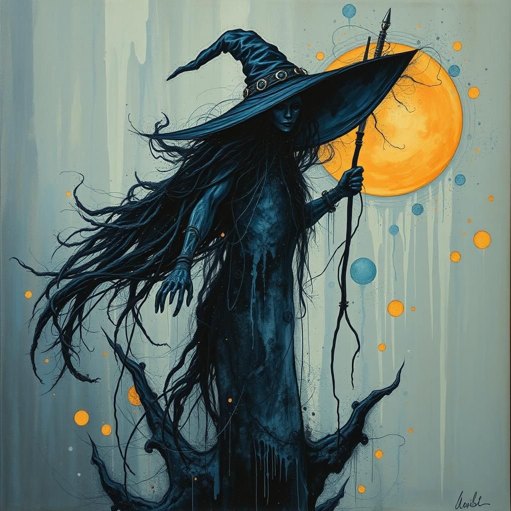 Cyberpunk Witch in Dystopian Impasto Art Deco Style