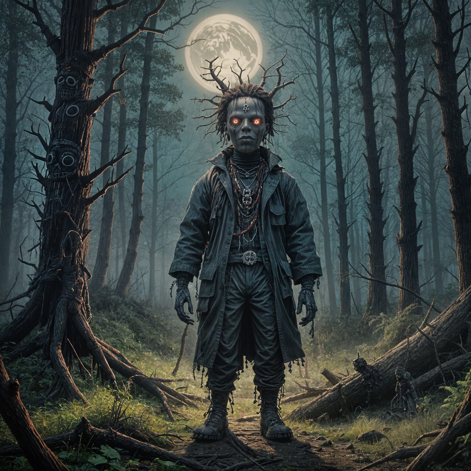 Dark Voodoo Doll Emerging from the Misty Forest in a Masterp...