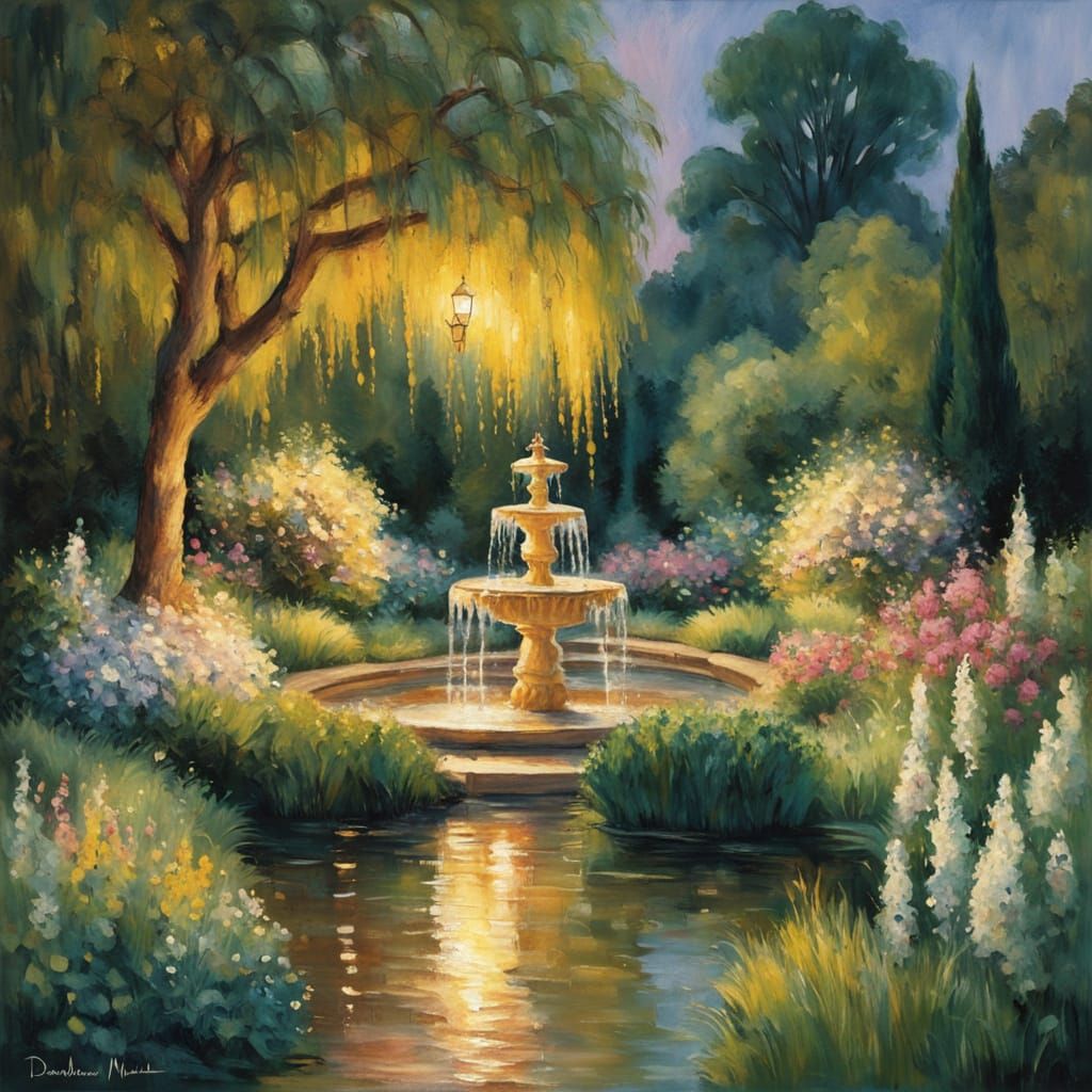 Impressionist Country Garden at Night with Golden Lighting