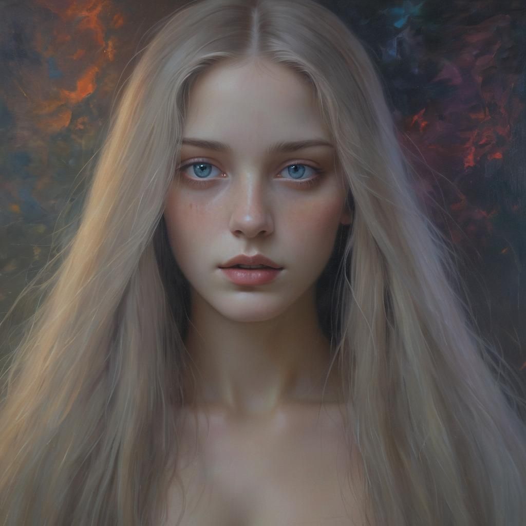 Mystical Woman with Multicolored Eyes in Surreal Oil Paintin...