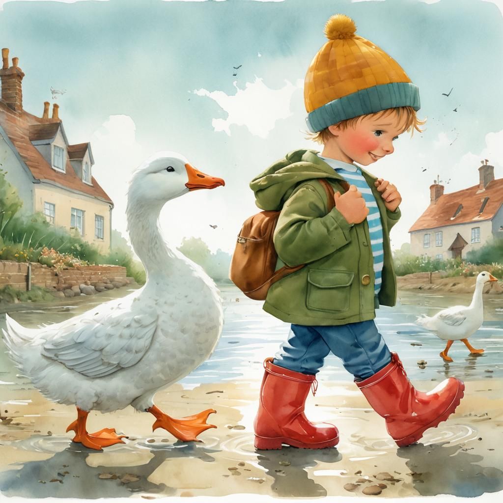 Little Boy and Goose Enjoy a Leisurely Stroll Together