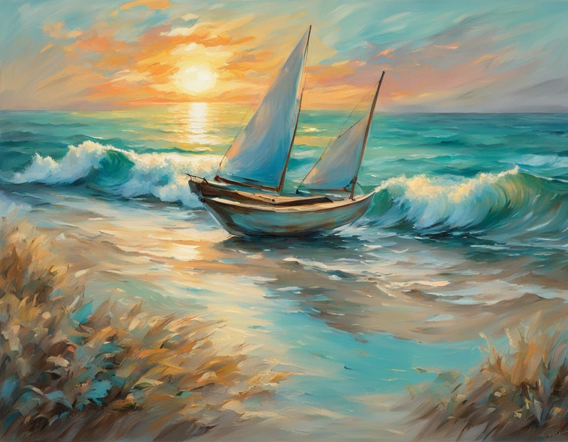 Impressionist Beach Sunset with Sailboats