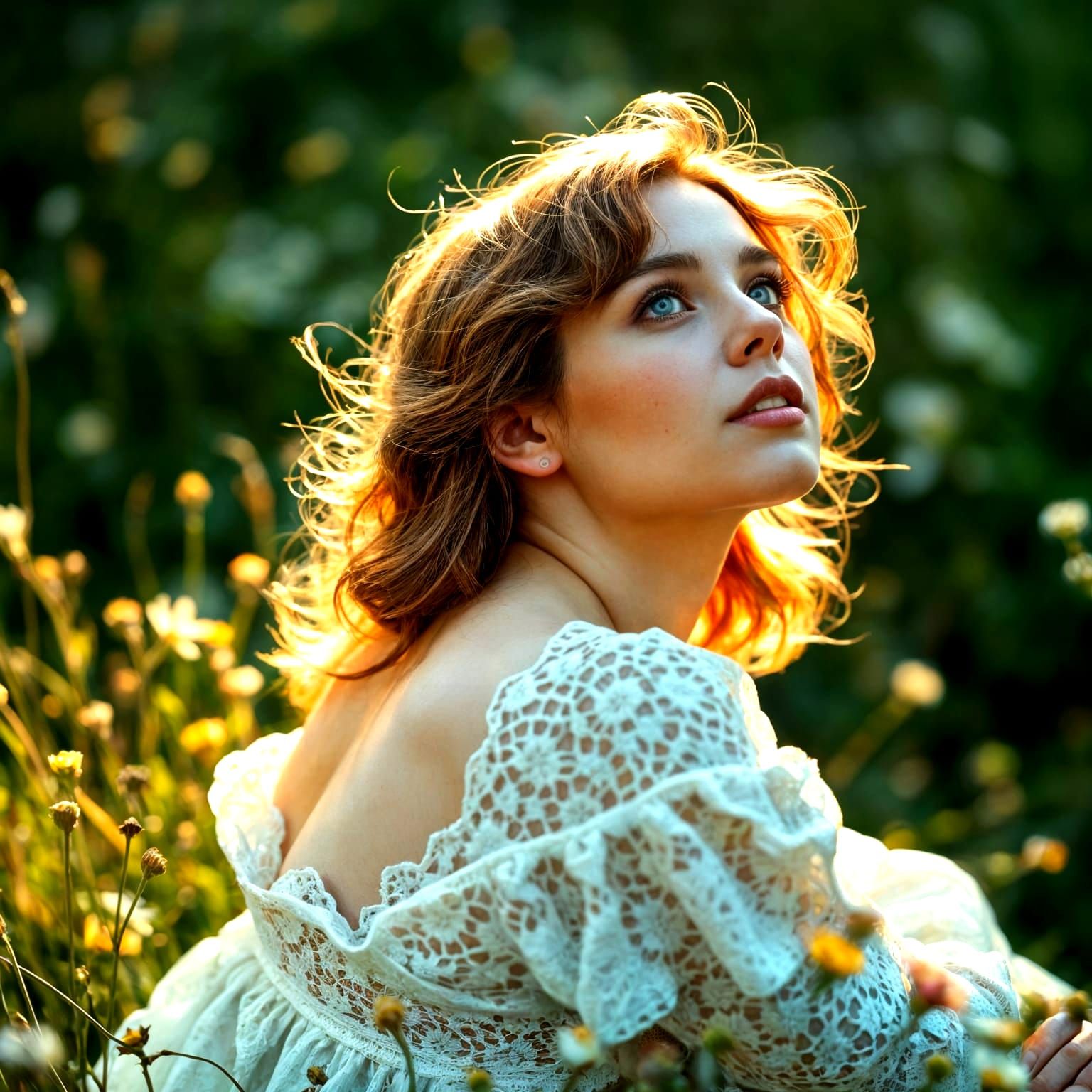 Pre-Raphaelite Woman in Lace and Flowers