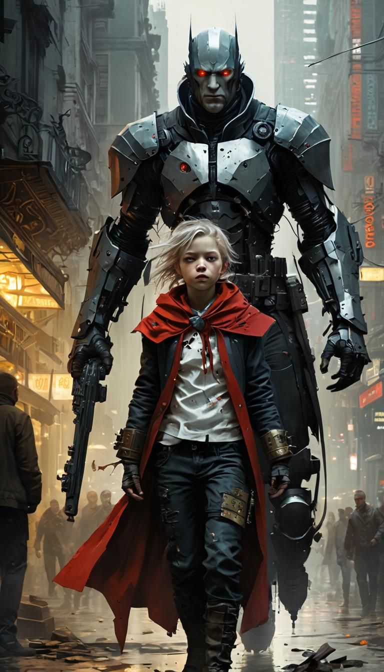 Cyberpunk Oil Painting of Geometric Cyborg vs Vampire in Cit...