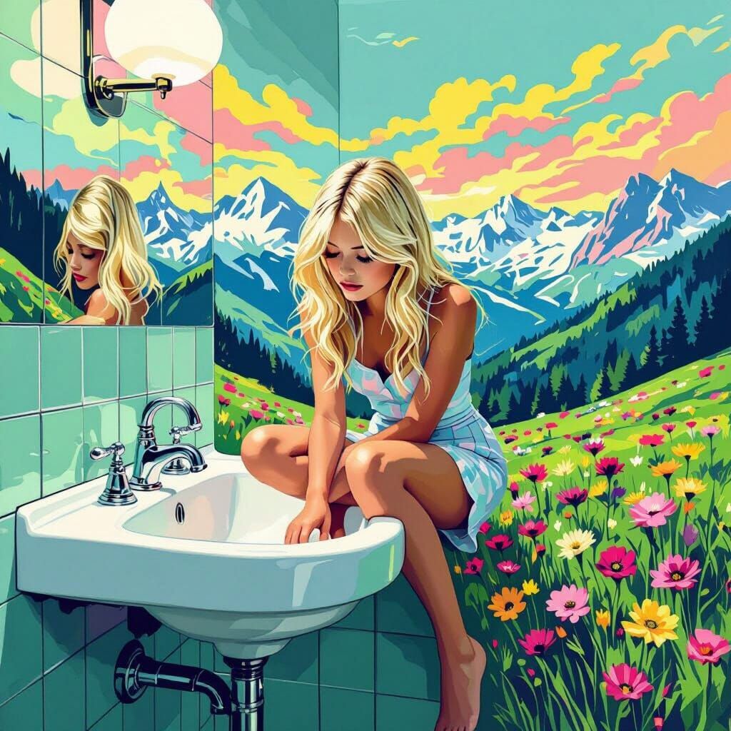 Pop Art Portrait: Girl on Sink Amidst Melting Scenery