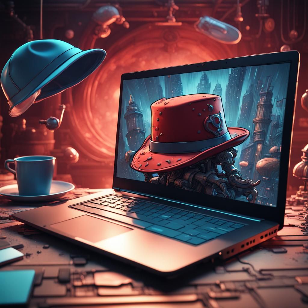Laptop Hat Heist in Comic Book Style