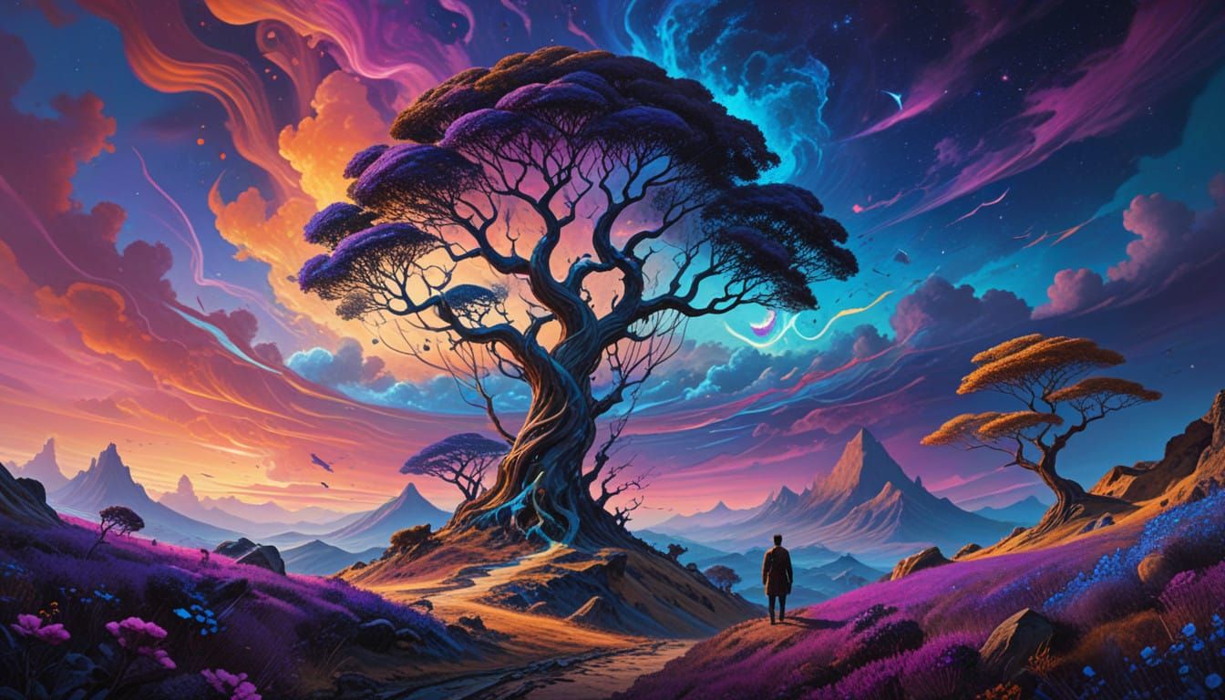 Dreamlike Landscape with Twisted Trees and Kaleidoscopic Sky...