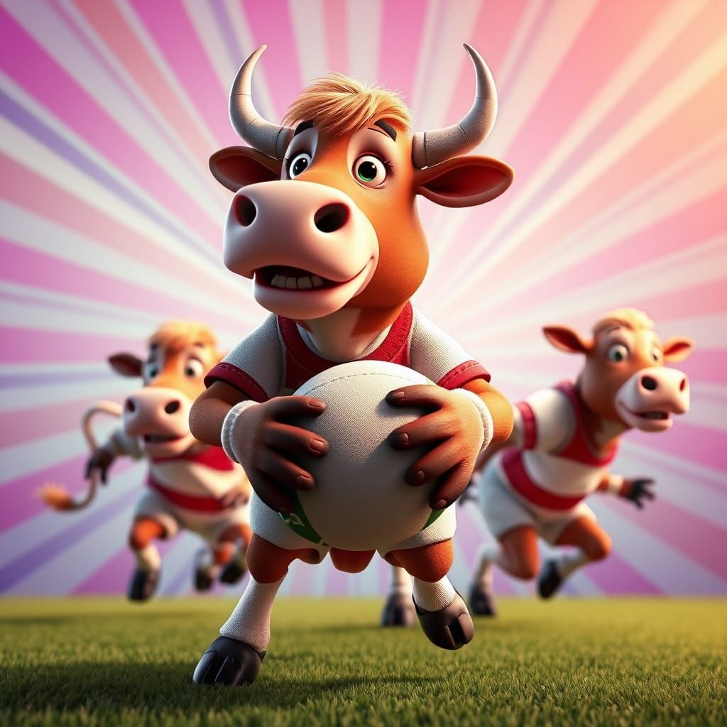 Cow Characters Play Rugby in Cinematic 3D Style