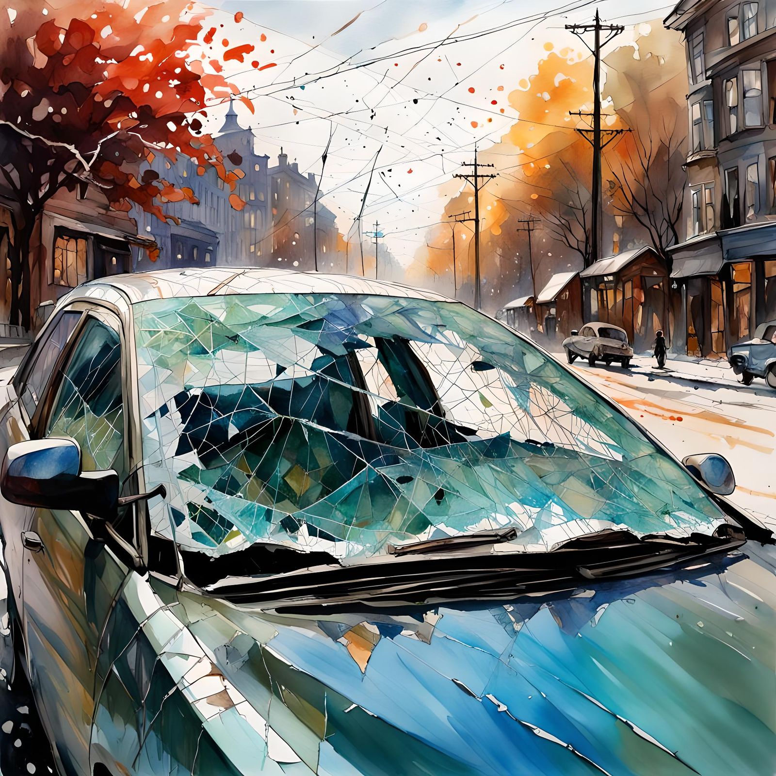 Shattered Windshield in Watercolor Style