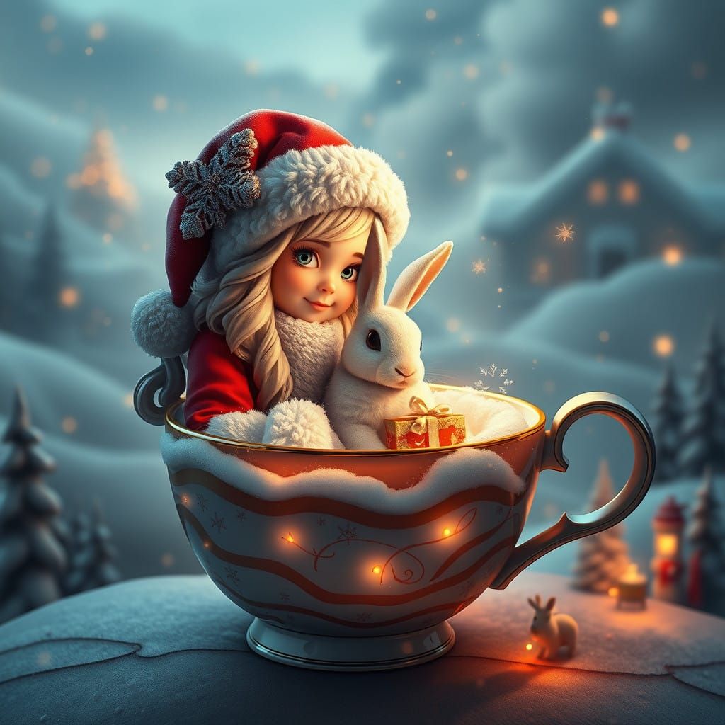 Warm December Wonderland Scene with 3D Santa Girl and Rabbit