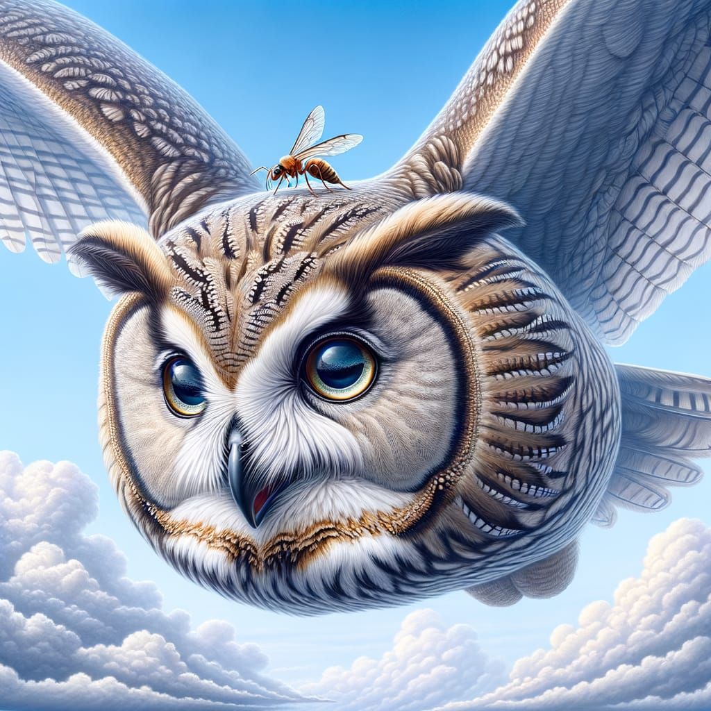 Majestic Owl Soaring with a Tiny Ant Passenger