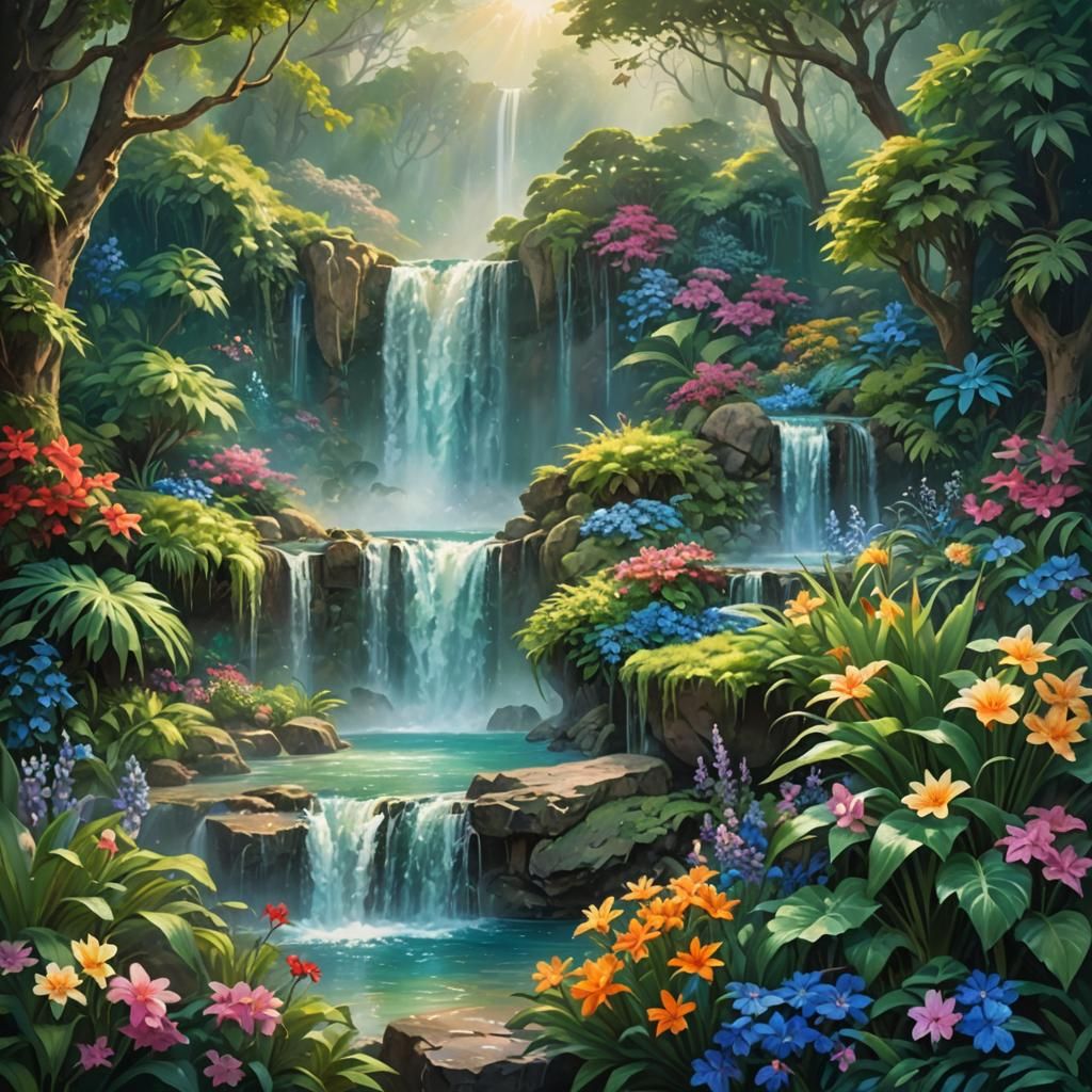 Fantasy Waterfall and Garden in Oil Painting Style