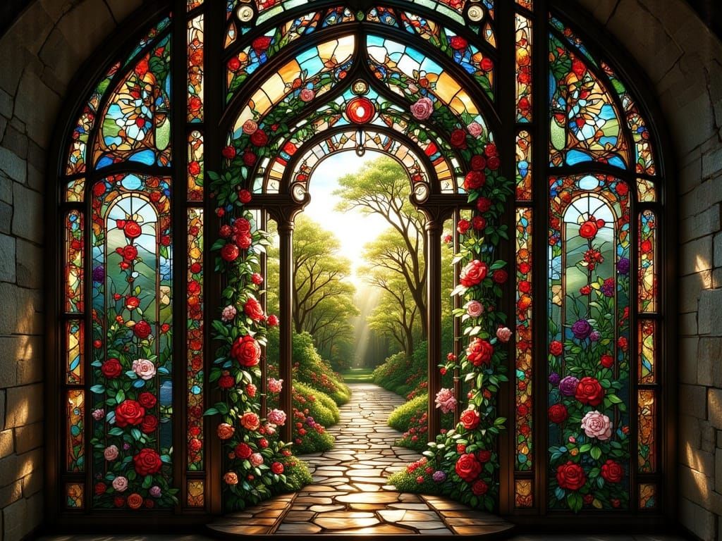Stained-Glass Rosebush Masterpiece with Sunlight