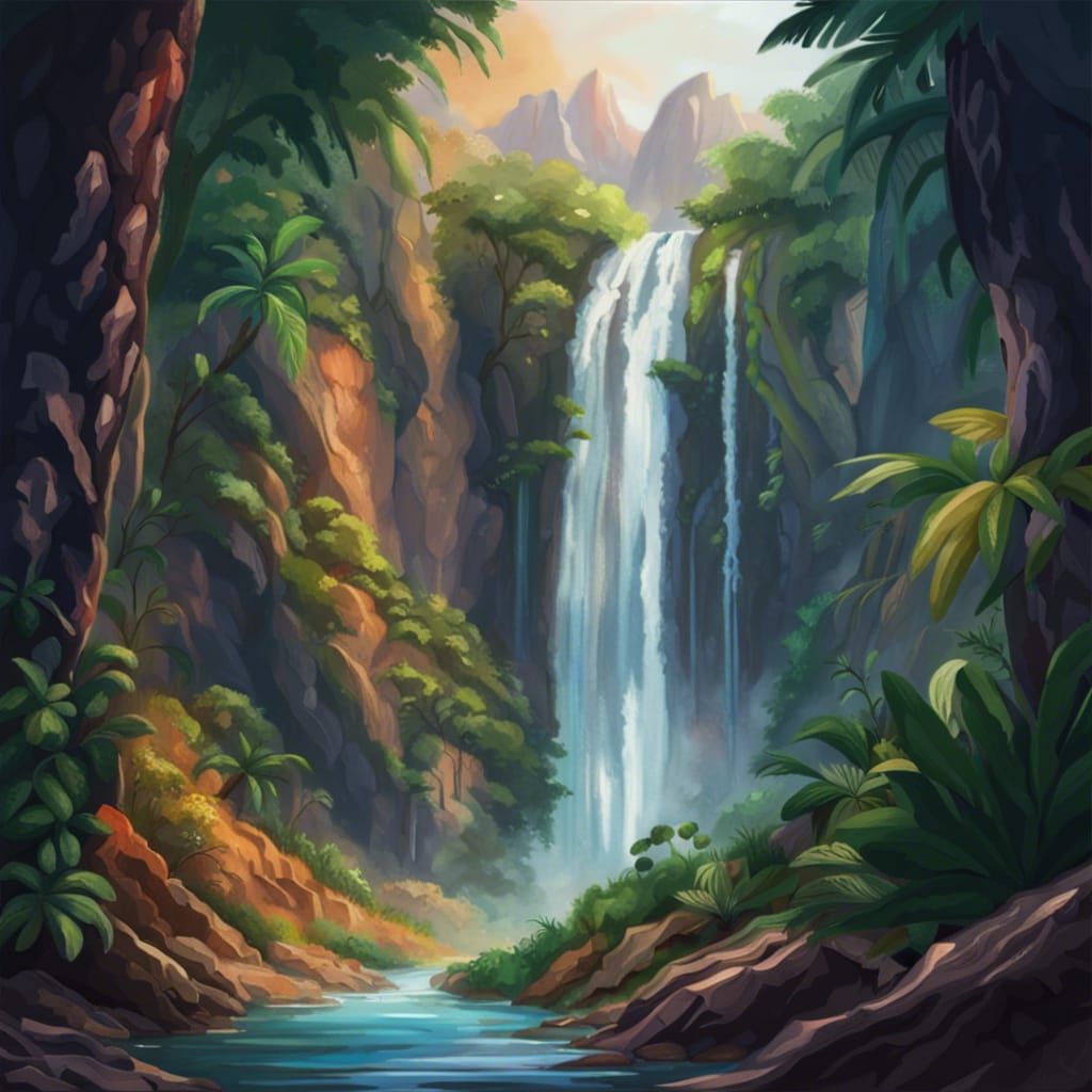 Hyperrealistic Jungle Waterfall Mountain Landscape