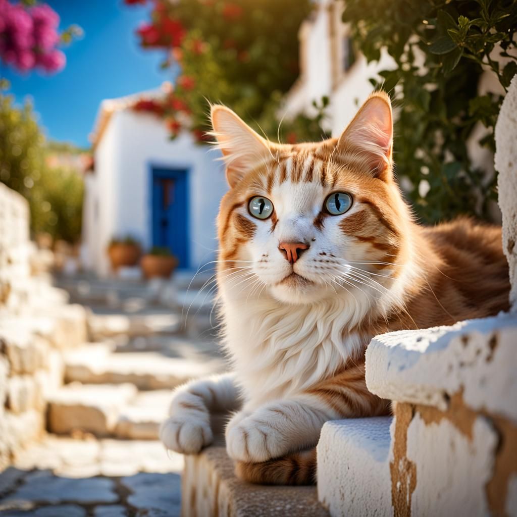 Cat in Greek Village: Photorealistic Documentary Style