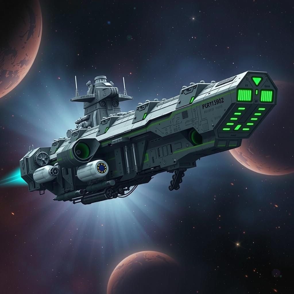 Silver Space Warship Radiating Blue Energy