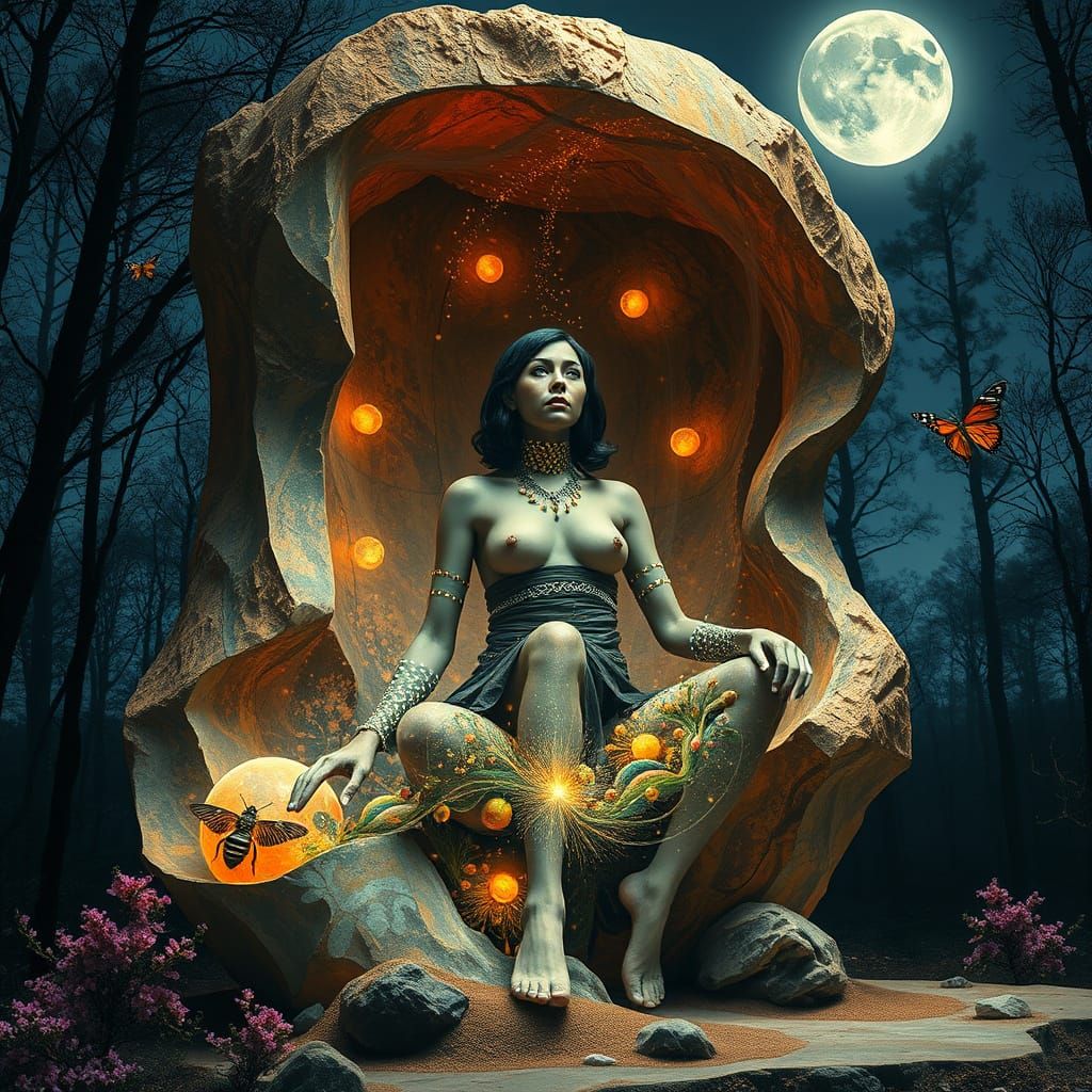 Female Sculptor Inside Her Abstract Creation