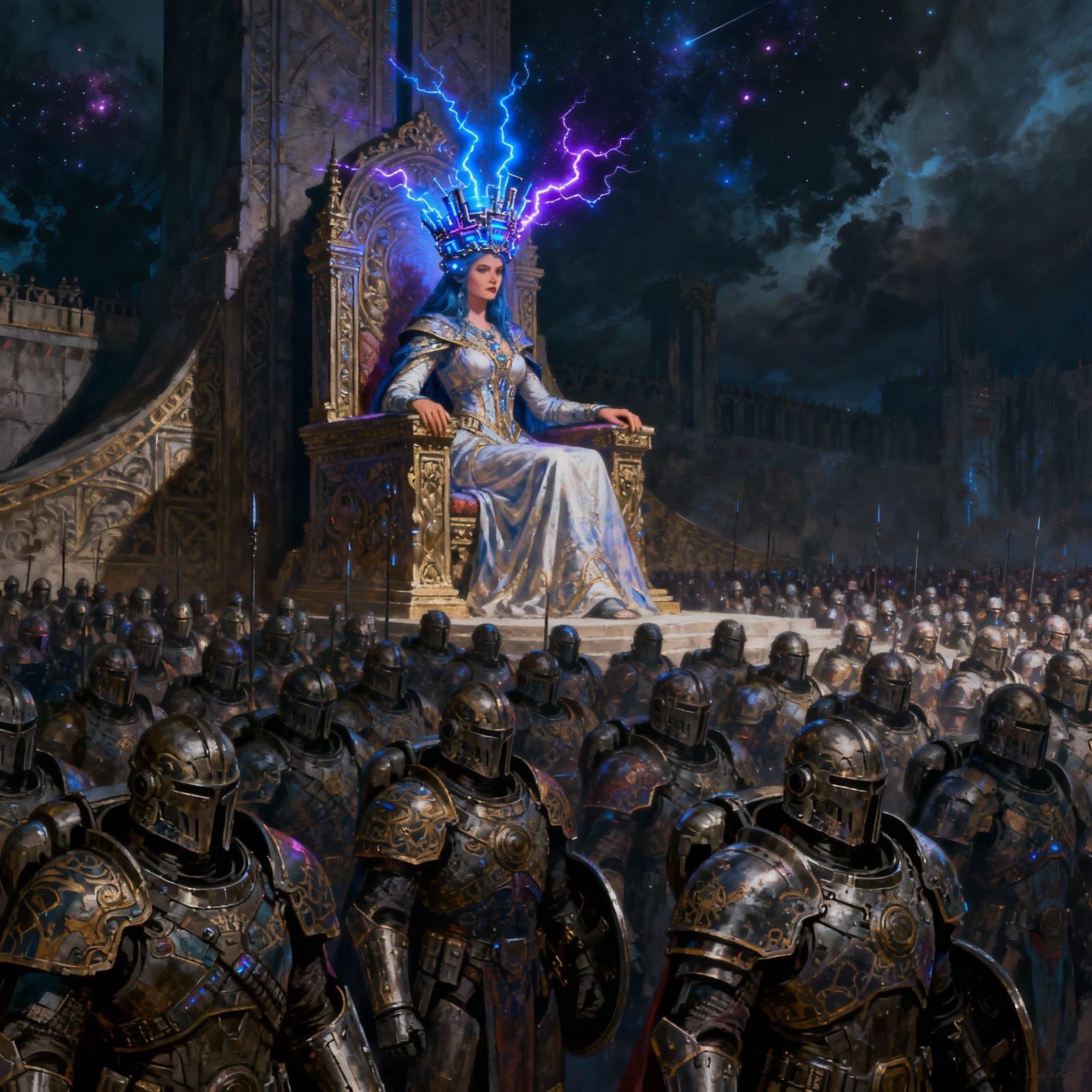 Galactic Empress on Ornate Throne with Power-Armored Army