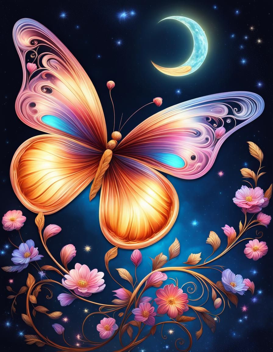 Ethereal Butterfly Made of Flowers and Starlight