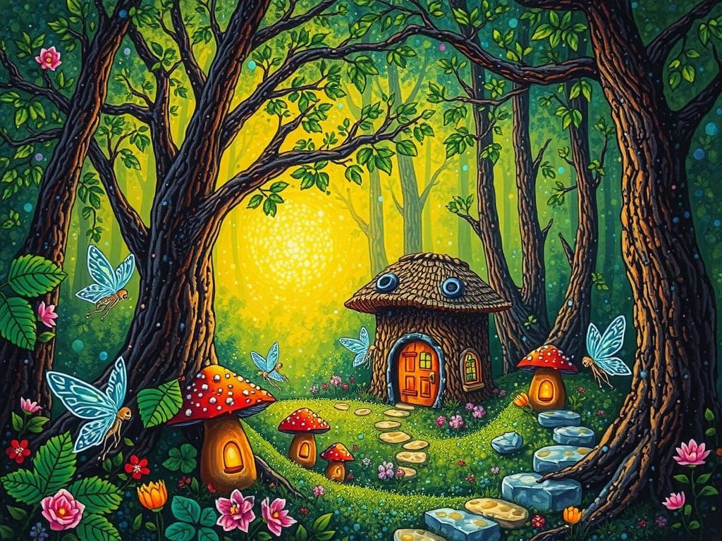 Magical Fairy Village Pointillism Painting