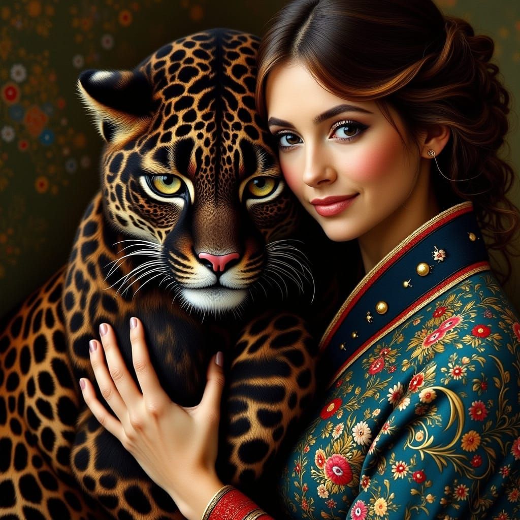 Vasilisa in a Beautiful Embroidered Robe Hugs a Majestic Pan...