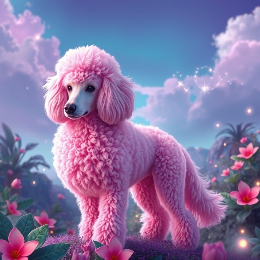 Ethereal Pink Poodle in Vibrant Mystical Realm