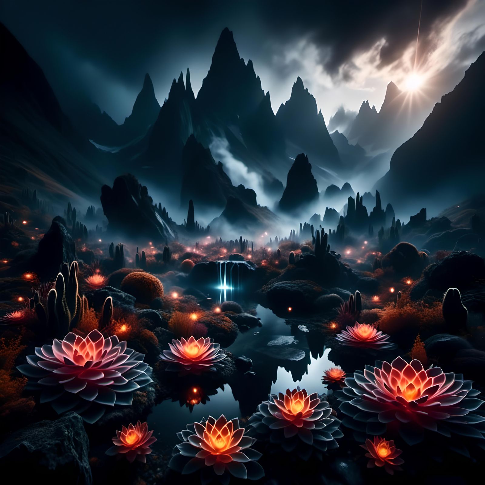 Surreal Landscape with Liquid Smoke and Jagged Peaks