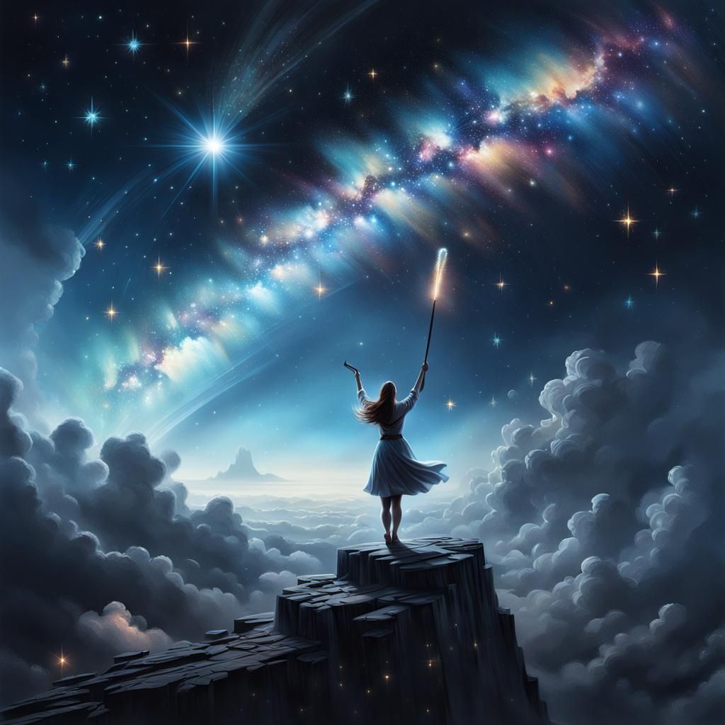 Girl Paints Starry Sky: Hyperrealistic 3D Render