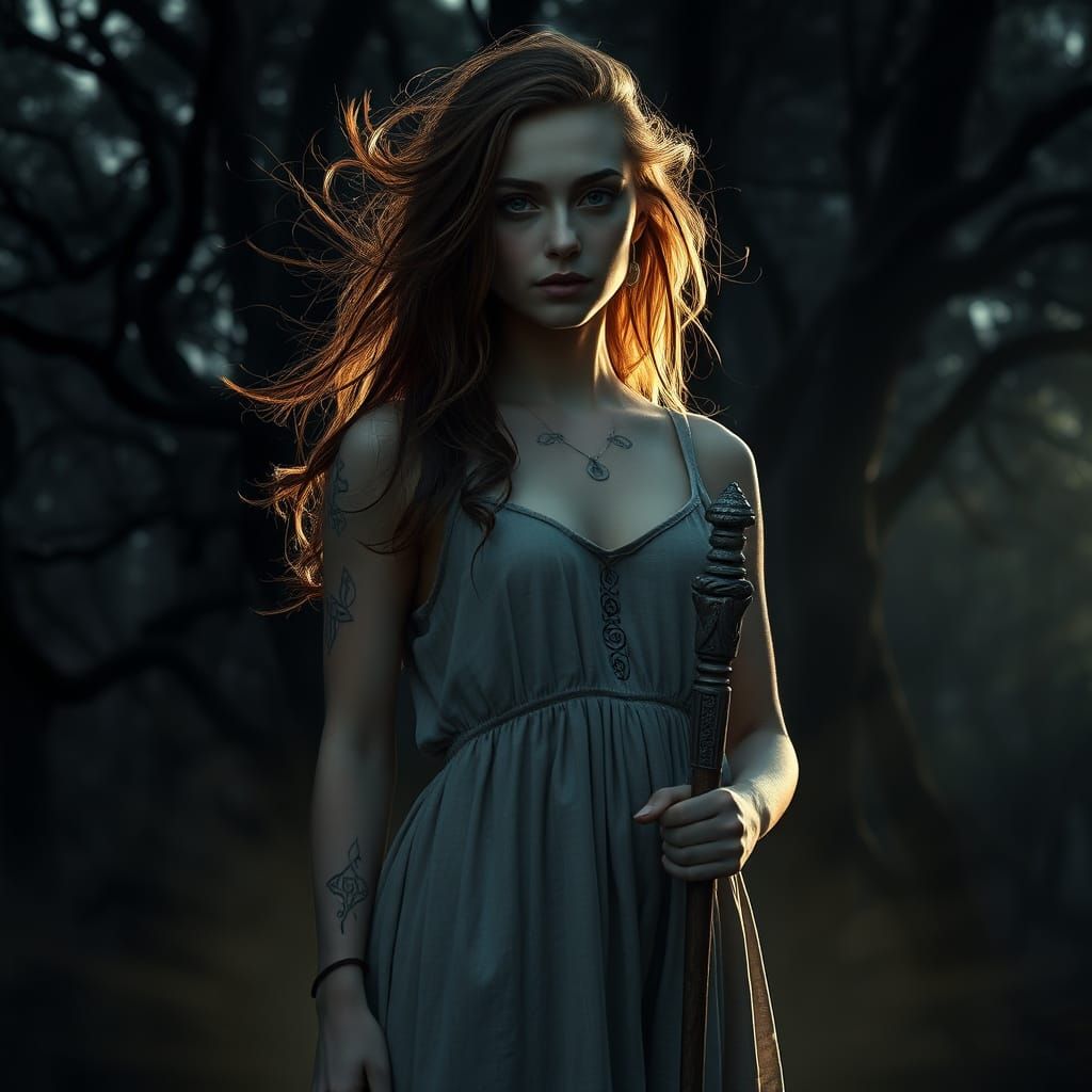 Mystical Slavic Woman in Twilight Forest Portrait