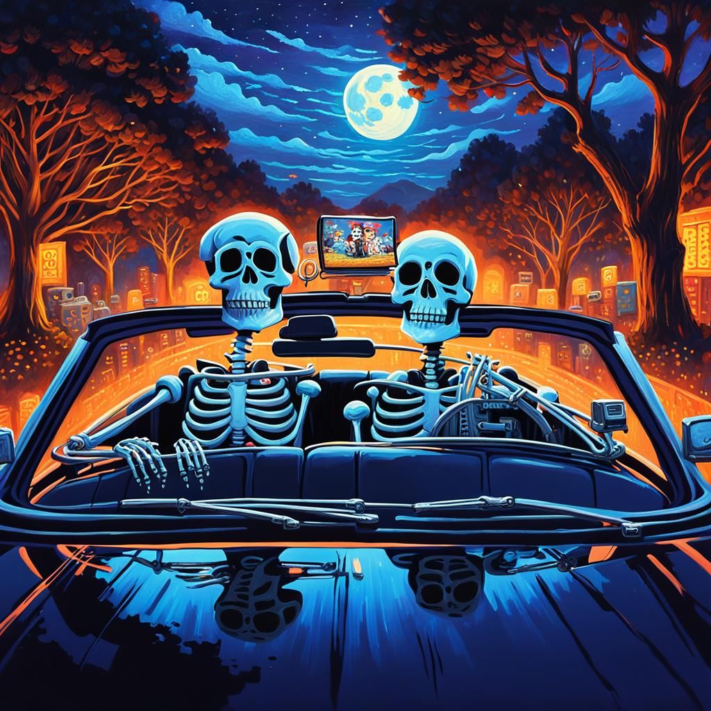Skeleton Couple at Drive-In Movie in Pixar Style
