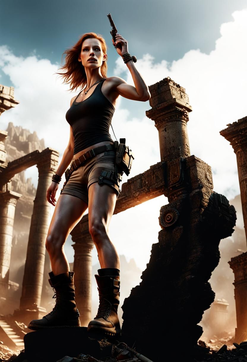 Lara Croft Exploring Temple Ruins: Detailed Matte Painting