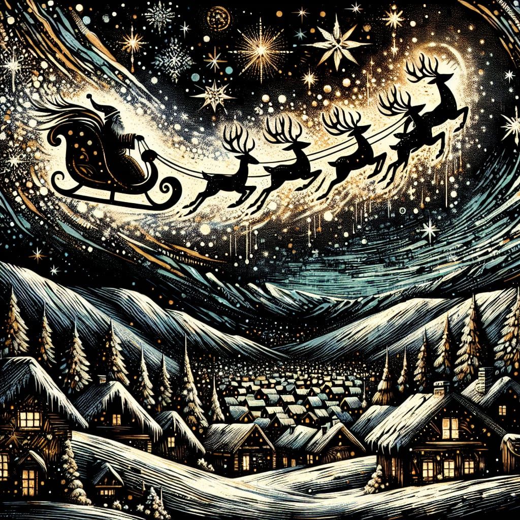Surreal Christmas Scene with Levitating Sleigh and Glowing D...